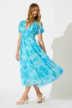 Clearance Isolene Maxi Dress in Blue Watercolour Chiffon Dresses|Casual