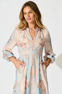 Best Izara Midi Dress in Pink and Blue Placement Linen Blend Dresses|Party