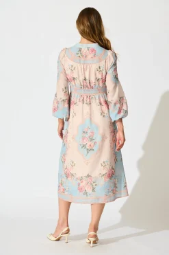 Best Izara Midi Dress in Pink and Blue Placement Linen Blend Dresses|Party
