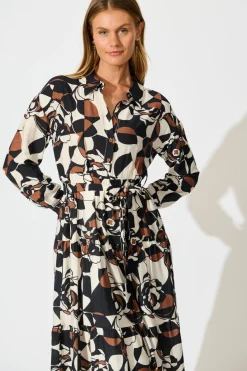 Outlet Jada Midi Dress in White with Black and Brown Print Dresses|Casual