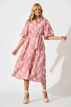 Sale Jasmine Midi Shirt Dress in Dusty Rose with Cream Leaf Dresses|Party