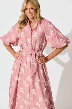 Sale Jasmine Midi Shirt Dress in Dusty Rose with Cream Leaf Dresses|Party