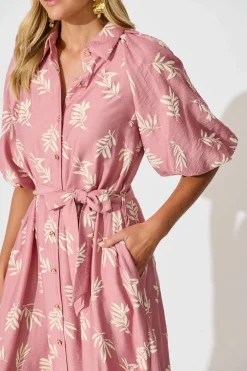 Sale Jasmine Midi Shirt Dress in Dusty Rose with Cream Leaf Dresses|Party