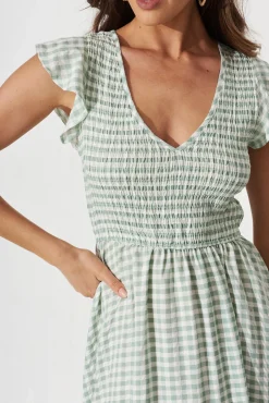 New Jeannie Midi Dress In Green With White Gingham Dresses|Casual