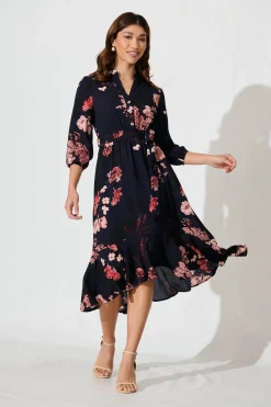 Sale Jemimah Midi Dress In Navy With Pink And Blush Floral Dresses|Party