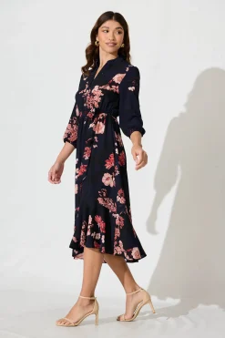 Sale Jemimah Midi Dress In Navy With Pink And Blush Floral Dresses|Party