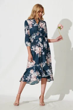Clearance Jemimah Midi Dress In Teal With Blush Floral Print Dresses|Party