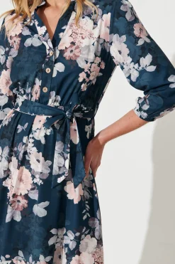 Clearance Jemimah Midi Dress In Teal With Blush Floral Print Dresses|Party