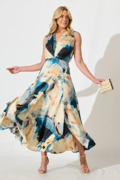Outlet Jenibelle Maxi Dress in Blue And Cream Watercolour Satin Dresses|Cocktail