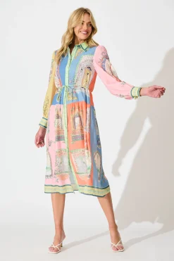 Best Jensen Midi Shirt Dress in Multi Patchwork Print Linen Blend Dresses|Casual