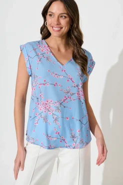 Best Jina Top In Pale Blue With Pink Cherry Blossom Tops