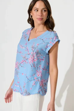 Best Jina Top In Pale Blue With Pink Cherry Blossom Tops