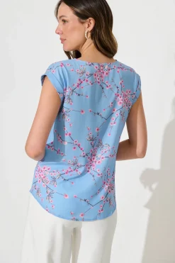 Best Jina Top In Pale Blue With Pink Cherry Blossom Tops