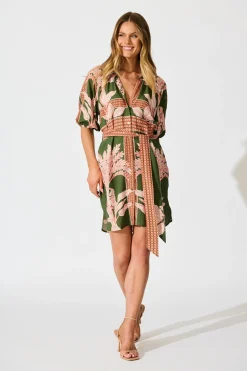 Hot Jordana Shirt Dress in Khaki Placement Print Dresses|Casual