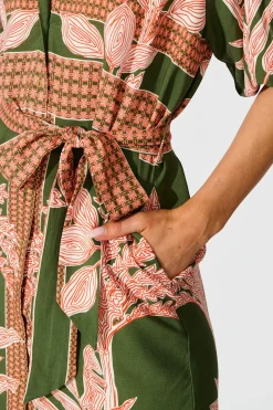 Hot Jordana Shirt Dress in Khaki Placement Print Dresses|Casual