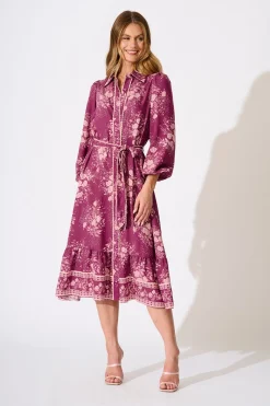 Clearance Josephina Midi Shirt Dress in Purple with Pink Floral Dresses|Casual