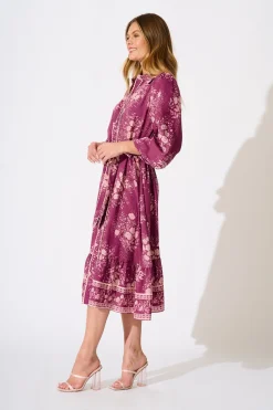 Clearance Josephina Midi Shirt Dress in Purple with Pink Floral Dresses|Casual