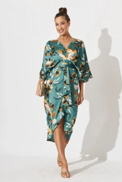 Discount Joyful Midi Dress In Green With Blush Floral Satin Bridesmaids