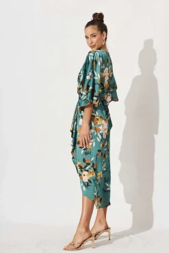 Discount Joyful Midi Dress In Green With Blush Floral Satin Bridesmaids