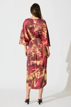 Fashion Joyful Midi Dress in Multi Watercolour Satin Dresses|Party