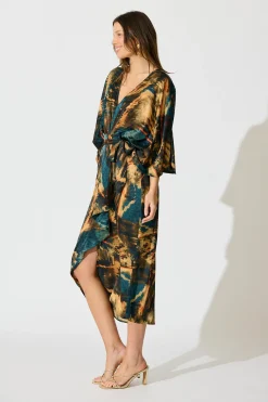 Sale Joyful Midi Dress in Teal Multi Watercolour Satin Dresses|Party