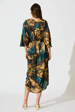 Sale Joyful Midi Dress in Teal Multi Watercolour Satin Dresses|Party