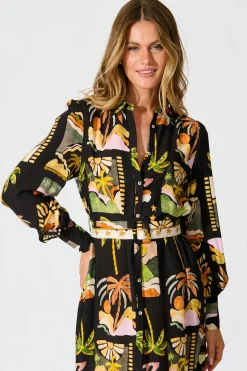 New Juliana Midi Shirt Dress in Black with Multi Palm Tree Print Dresses|Casual