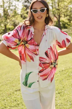 Fashion Jupiter Shirt In White With Pink Floral Tops|Casual