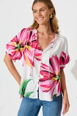 Fashion Jupiter Shirt In White With Pink Floral Tops|Casual