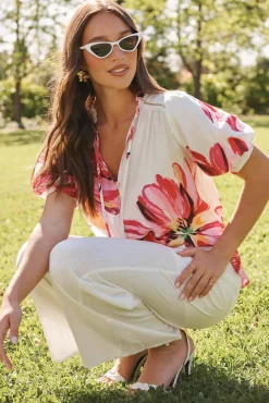 Fashion Jupiter Shirt In White With Pink Floral Tops|Casual