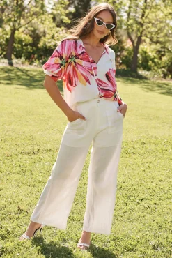 Fashion Jupiter Shirt In White With Pink Floral Tops|Casual