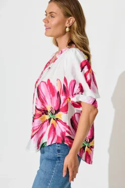 Fashion Jupiter Shirt In White With Pink Floral Tops|Casual