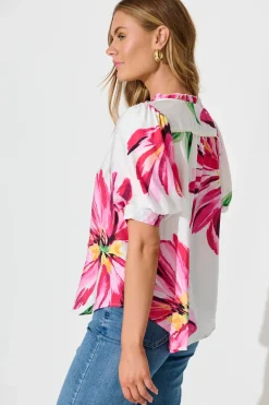 Fashion Jupiter Shirt In White With Pink Floral Tops|Casual