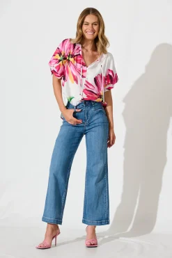Fashion Jupiter Shirt In White With Pink Floral Tops|Casual