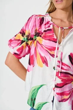 Fashion Jupiter Shirt In White With Pink Floral Tops|Casual