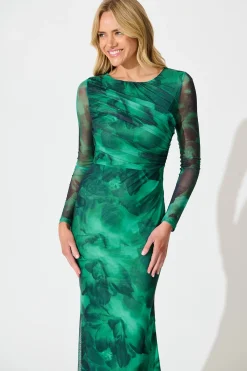 Discount Karlene Maxi Dress in Green Abstract Print Wedding Guest|Engagement Party