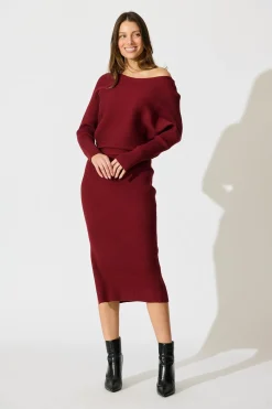 Hot Kassia Off Shoulder Midi Knit Dress in Wine Dresses|Knitwear