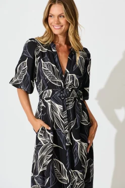 Fashion Katie Midi Dress in Black with Cream Leaf Dresses|Casual