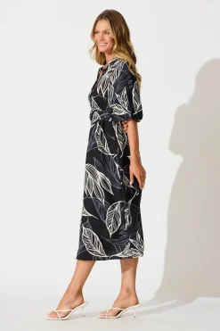 Fashion Katie Midi Dress in Black with Cream Leaf Dresses|Casual