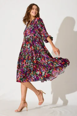 Discount Kehlana Tiered Smock Dress In Black Multi Floral Dresses|Casual