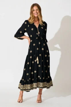Outlet Kelsey Midi Dress in Black with Cream Embroidery Dresses|Casual