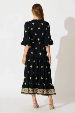 Outlet Kelsey Midi Dress in Black with Cream Embroidery Dresses|Casual