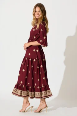 Hot Kelsey Midi Dress in Wine with Cream Embroidery Dresses|Casual
