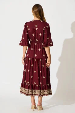 Hot Kelsey Midi Dress in Wine with Cream Embroidery Dresses|Casual