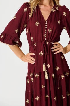 Hot Kelsey Midi Dress in Wine with Cream Embroidery Dresses|Casual