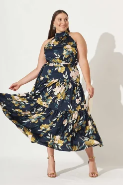 Hot Khalo Maxi Dress In Navy Floral Satin Dresses|Cocktail