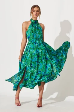 Clearance Kiss Me Halter Neck Maxi Dress In Green Watercolour Print Dresses|Cocktail