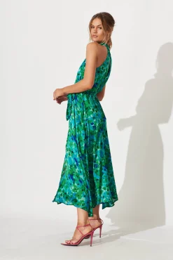 Clearance Kiss Me Halter Neck Maxi Dress In Green Watercolour Print Dresses|Cocktail