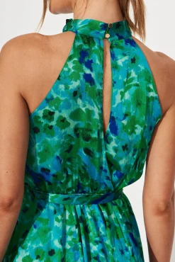 Clearance Kiss Me Halter Neck Maxi Dress In Green Watercolour Print Dresses|Cocktail