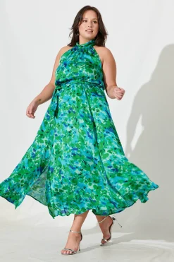 Clearance Kiss Me Halter Neck Maxi Dress In Green Watercolour Print Dresses|Cocktail